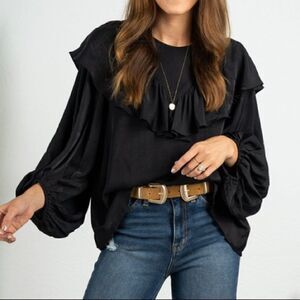 Black Ruffle Bibbed Balloon Sleeve Top M